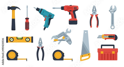 Vector icon set of construction and DIY tools featuring a hammer, screwdriver, electric drills, pliers, adjustable wrench, spirit level, tape measures, handsaw, and a red toolbox on white.