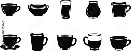 Cup and Mug Variety Silhouette Icon Set — Coffee Cup, Tea Mug, Bowl, Milk Jar, Espresso, and Latte Cup Filled Black Icons