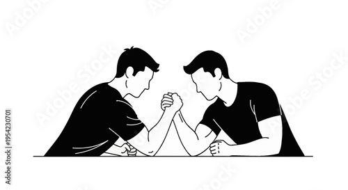 Black and white vector illustration of two men engaged in an arm wrestling competition, isolated on a white background, side view showing arm strength and competitive tension.