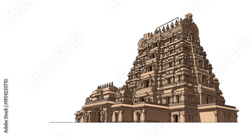 Detailed vector illustration of a South Indian Hindu temple with a towering gopuram, featuring intricate tiered architecture, religious statues, and traditional stone carvings on a white background.
