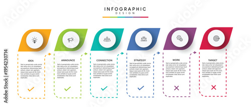 A colorful infographic template with six steps and icons on a white background
