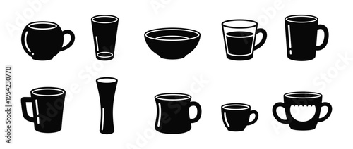 Mug and Cup Silhouette Icon Set — Coffee Mug, Tea Cup, Tall Glass, Soup Bowl, and Espresso Cup Filled Black Icons
