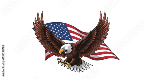 Highly detailed vector illustration of a bald eagle with wings spread in front of a waving American flag, patriotic United States national symbol graphic isolated on a white background.