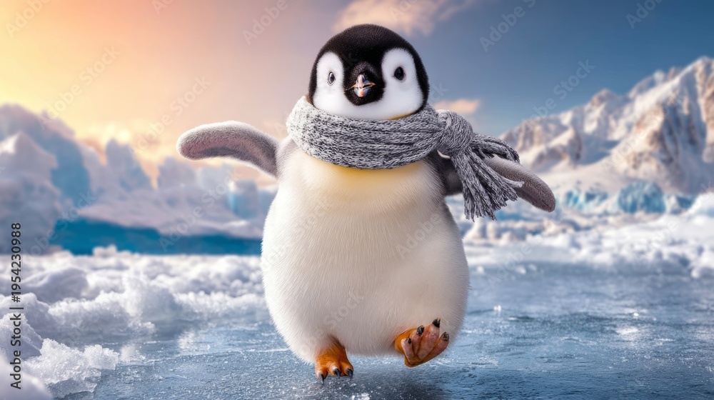 Fototapeta premium Playful Penguin Wearing Tiny Scarf Sliding Across Winter Landscape