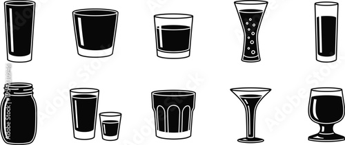 Drinking Glass and Cup Silhouette Icon Set — Shot Glass, Tumbler, Martini Glass, Mason Jar, and Cocktail Glass Filled Black Icons