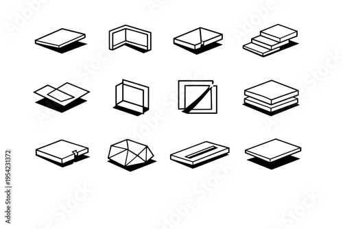 Square grid platform stepped vector faceted layered recessed icon outline hollow tile