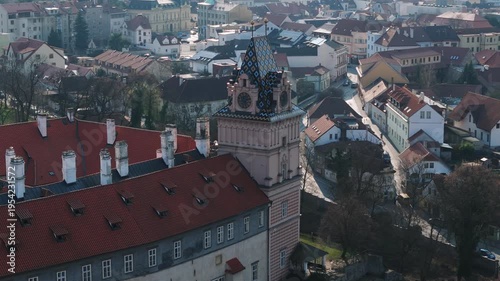 Aerial close up of Brandýs nad Labem castle tower with decorative tiled roof, Czech Republic