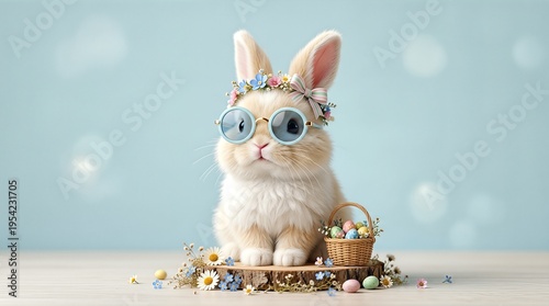 Cute rabbit wearing sunglasses and floral crown, next to a basket of colorful eggs on pastel background.