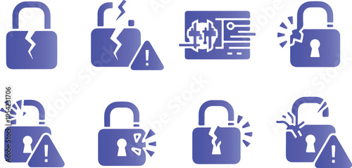 Adobe Illustrator Artwork of locks Set of Secure and Unlocked Padlock Icons with Keyhole and Digital Combination Lock Symbols; Professional Black Vector Graphic Elements for Cyber Security, Privacy Pr