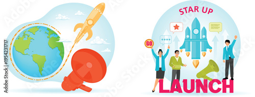 Global startup launch with enthusiastic team and rocket symbolism