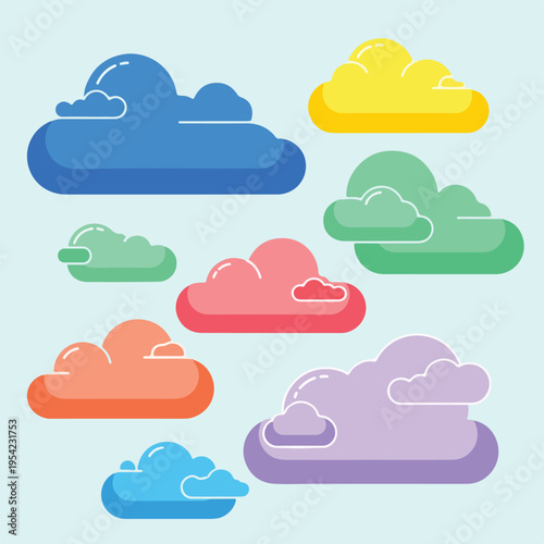 Colorful, cartoon-style cloud illustrations in various shapes, sizes, and hues