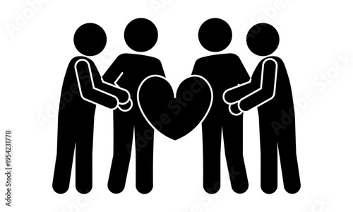 ハートを囲んで支え合う人々のピクトグラムイラスト