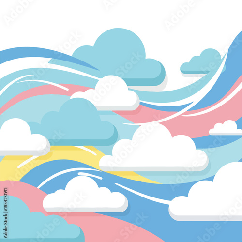 Colorful, cartoon-style illustration of clouds floating against a pastel background