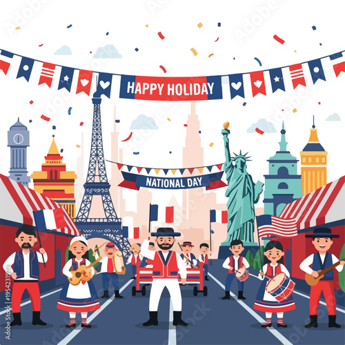 Colorful celebration depicting iconic monuments and a street parade