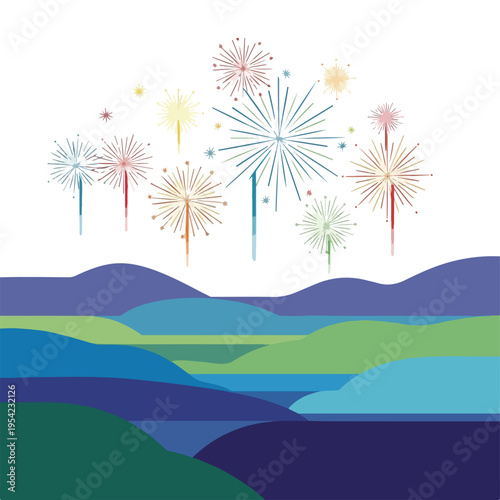 Colorful fireworks above stylized blue and green layered landscape