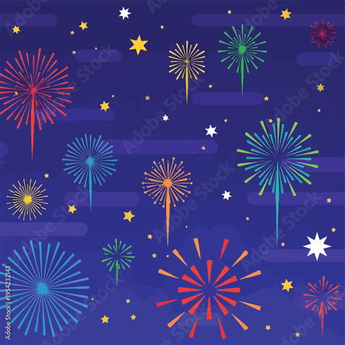 Colorful fireworks and stars on a deep blue sky background