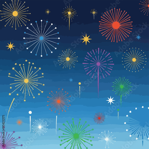 Colorful fireworks burst across a gradient blue and turquoise watercolor sky