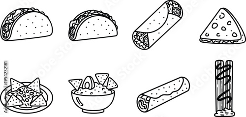 Mexican Food Icon Set — Taco, Burrito, Nachos, Tortilla Chip, and Wrap Outline Icons