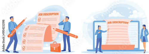 Professionals reviewing and discussing job descriptions in modern and traditional ways