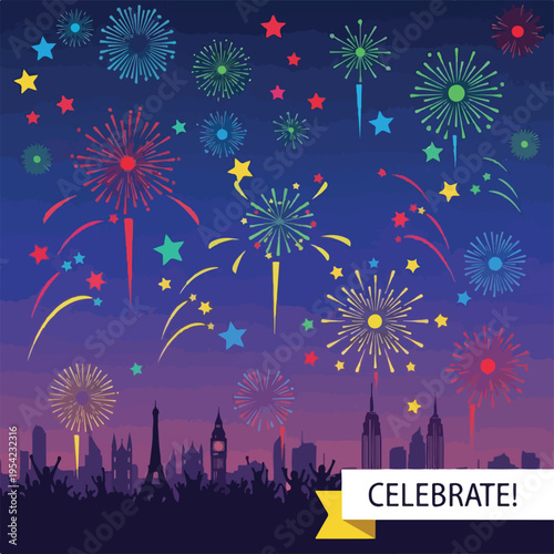 Colorful fireworks burst over city skyline, stars, and celebratory banner