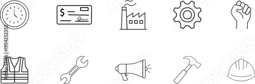 Clock check factory gear fist safety vest wrench megaphone hammer hard hat time money