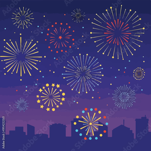 Colorful fireworks exploding over a silhouetted city skyline at night