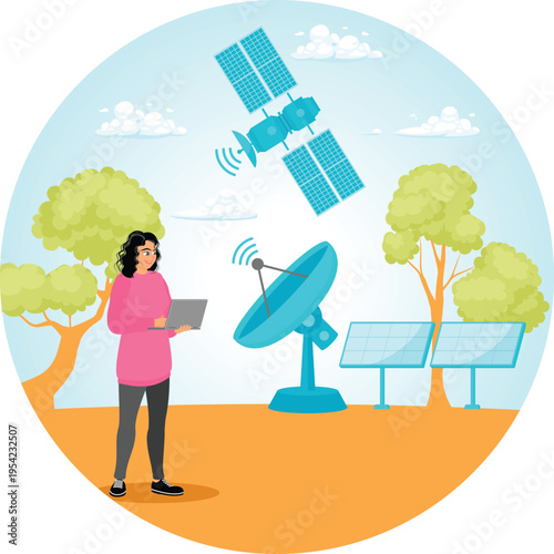 Woman utilizing renewable energy and satellite technology for communication