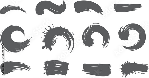 Canvas Print Collection of black brush strokes and swirls on a white background for artistic
