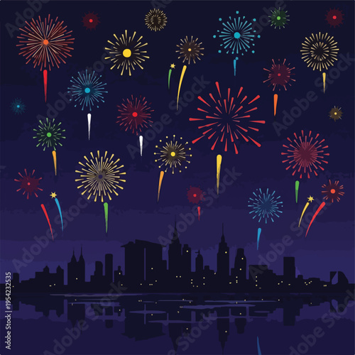 Colorful fireworks illuminate a city skyline at night, reflected in water