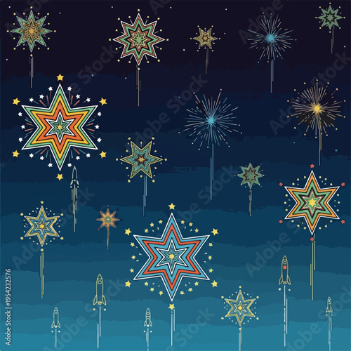Colorful fireworks with star-shaped designs and rockets against a dark background
