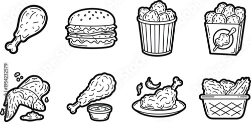 Fried Chicken and Fast Food Icon Set — Drumstick, Burger, Bucket, Roast Chicken, Dipping Sauce, and Basket Outline Icons