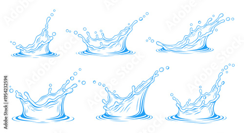 Set of six different water splash designs on transparent background