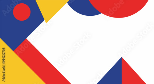 Colorful, geometric abstract art featuring shapes, red, blue, yellow, and white