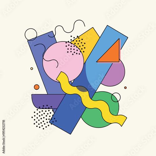 Colorful, geometric abstract art featuring various overlapping shapes