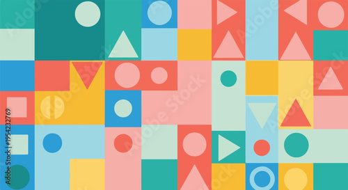 Colorful, geometric abstract artwork featuring squares, circles, and triangles