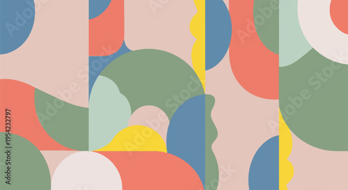 Colorful, geometric abstract design. Shapes include circles, squares, and curves