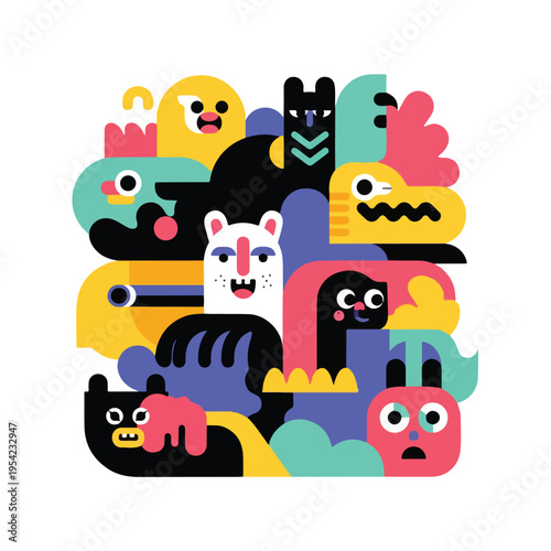 Colorful, geometric abstract illustration of various stylized creatures