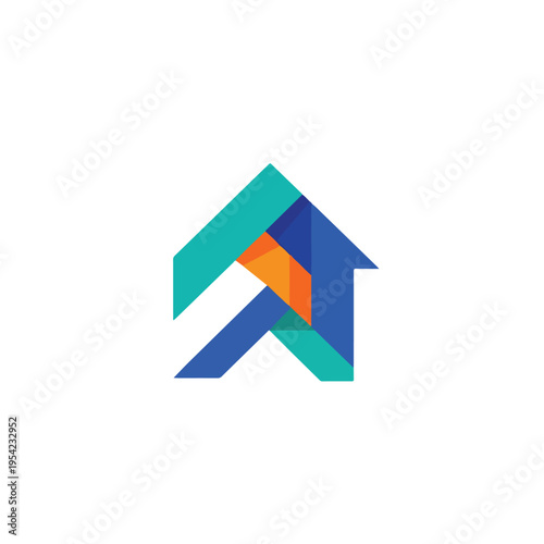 Colorful, geometric abstract house shape with an arrow pointing upwards