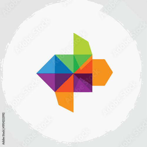 Colorful, geometric abstract shape with multiple connected facets