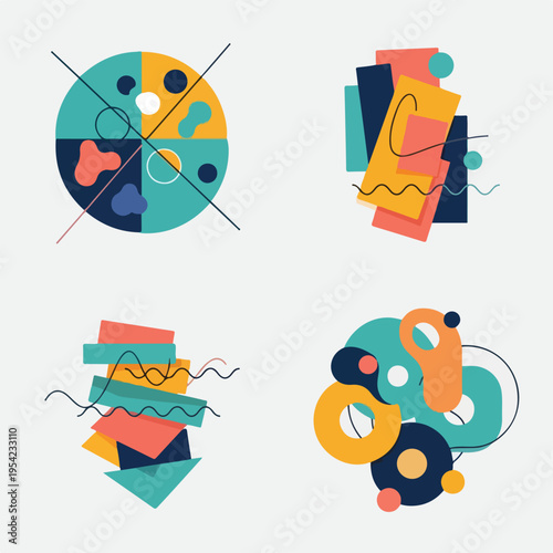 Colorful, geometric compositions featuring circles, lines, and layered shapes