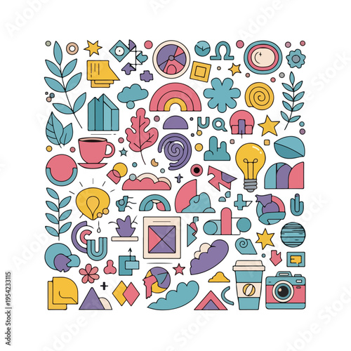 Colorful, geometric assortment of various illustrated icons on white
