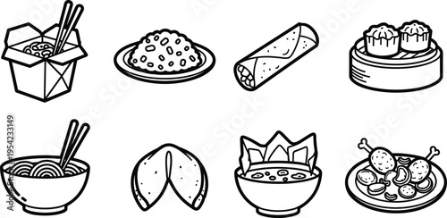 Asian and Chinese Food Outline Icon Set — Hand Drawn Noodle and Dim Sum Line Art Collection