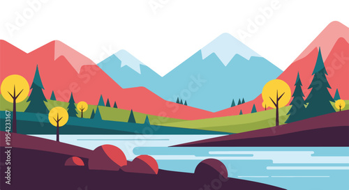 Colorful, geometric illustration of a landscape with mountains, trees, and water