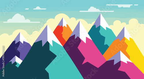 Colorful, geometric illustration of mountains under a light blue and yellow sky