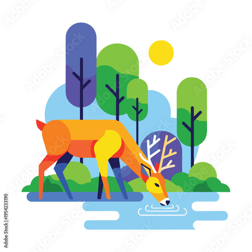 Colorful, geometric illustration of a deer drinking from a body of water in a forest