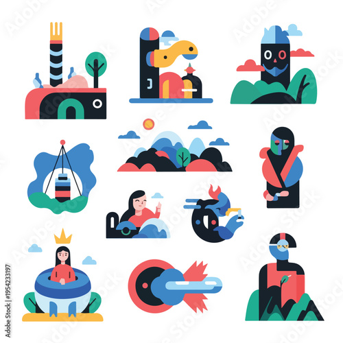 Colorful geometric illustrations of various whimsical objects and characters