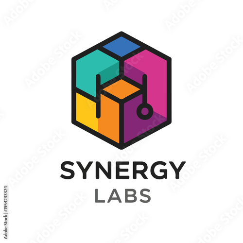 Colorful, geometric logo with a hexagon shape and attached lines