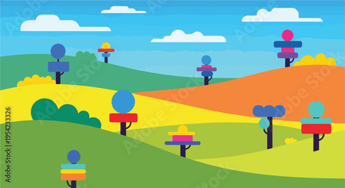 Colorful, geometric landscape with stylized trees under a blue sky