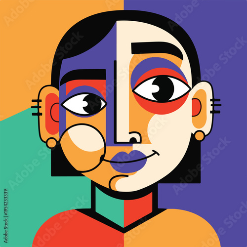 Colorful, geometric portrait of a person with segmented face and bold colors