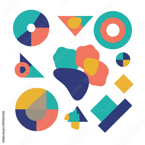 Colorful, geometric shapes in a scattered design over a white background